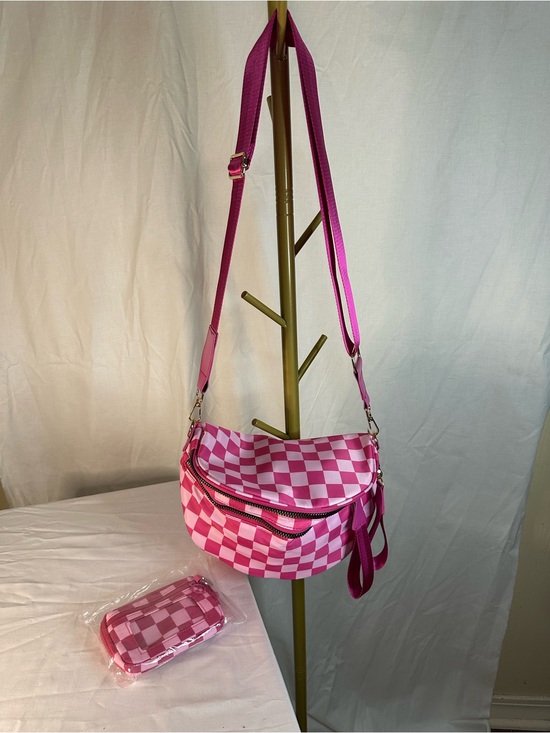 Handbags - Pink Checkered Crossbody Bag with Adjustable Strap